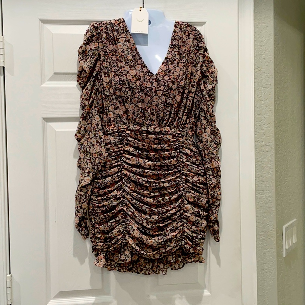 Xs floral long sleeved rouched mini dress chiffon